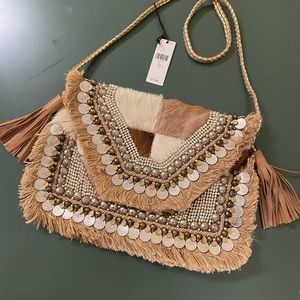 IbBan patchwork fur crossbody bag in neutral tones with beading